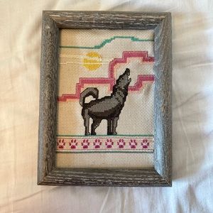 Crossstitch wolf western wall art framed